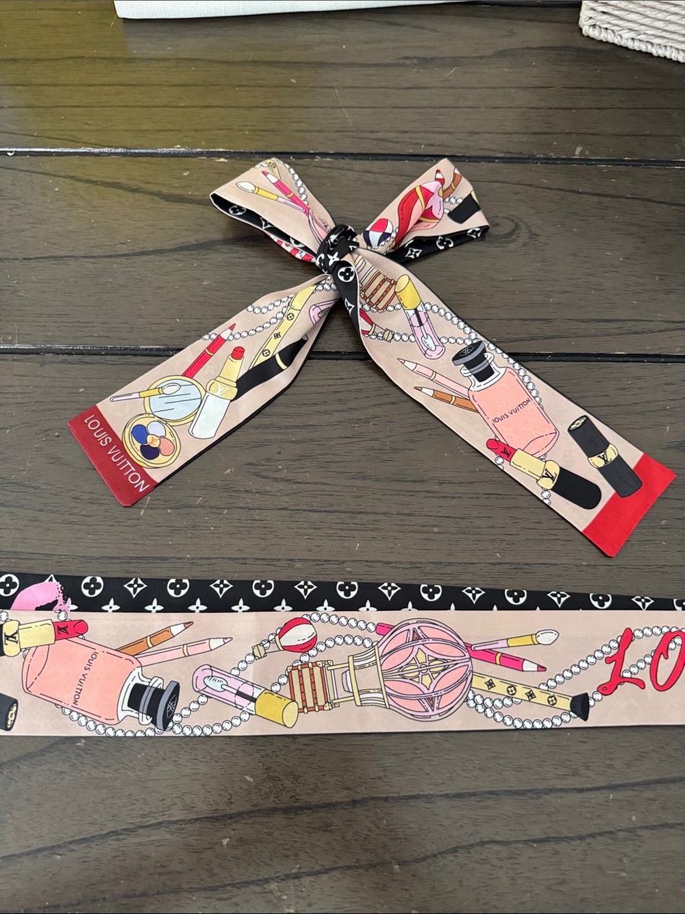 Pink Cosmetic-Print Twilly Hair Ribbon with Red Trim